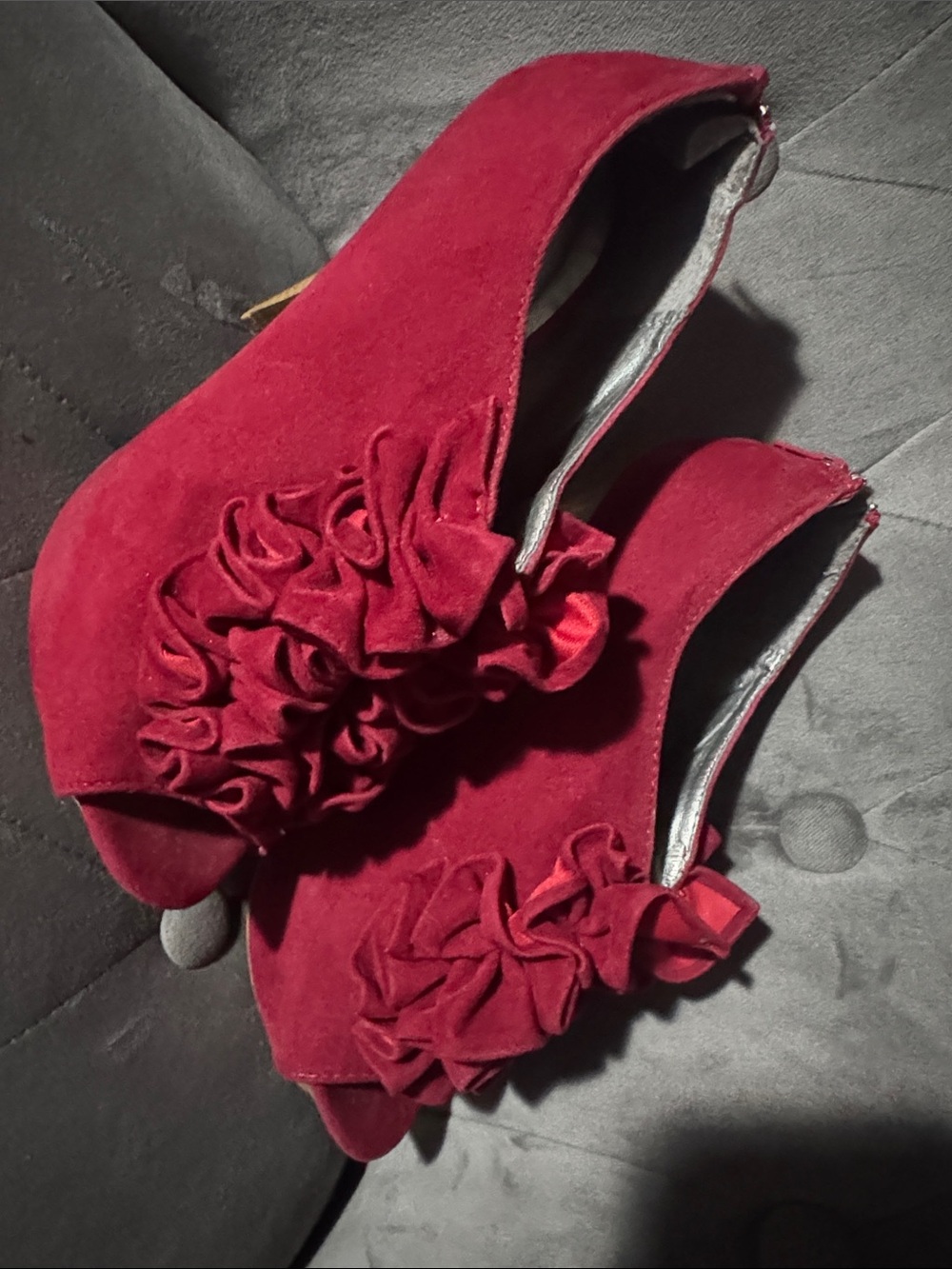 Women's Red Suede Peep-Toe Heel with Ruffle Detail
